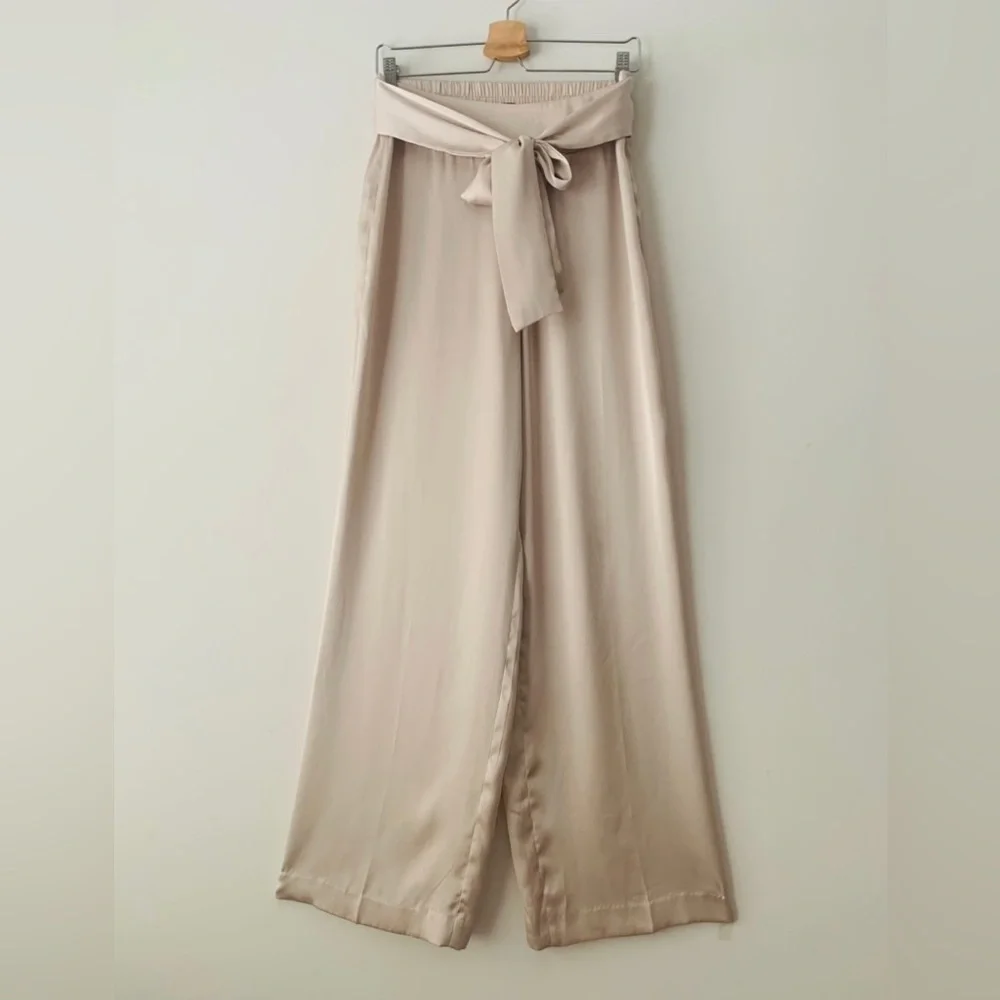 Express High Rise Wide-Leg Pants with Tie Waist Women Size M Beige Quiet Luxury - Picture 3 of 12